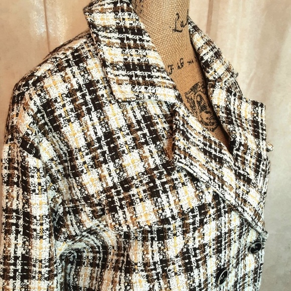 NWT Oversized Boho Crop Jacket Blazer Brown Cream Tweed Metallic Gold Sz S - Picture 2 of 15